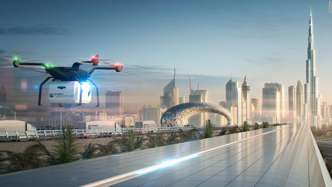 A rendering of a DP Cargospeed route with drones and trucks working within the supply chain. Drone delivery services are taking off in Dubai, and are just one way drones are becoming integrated into everyday life.