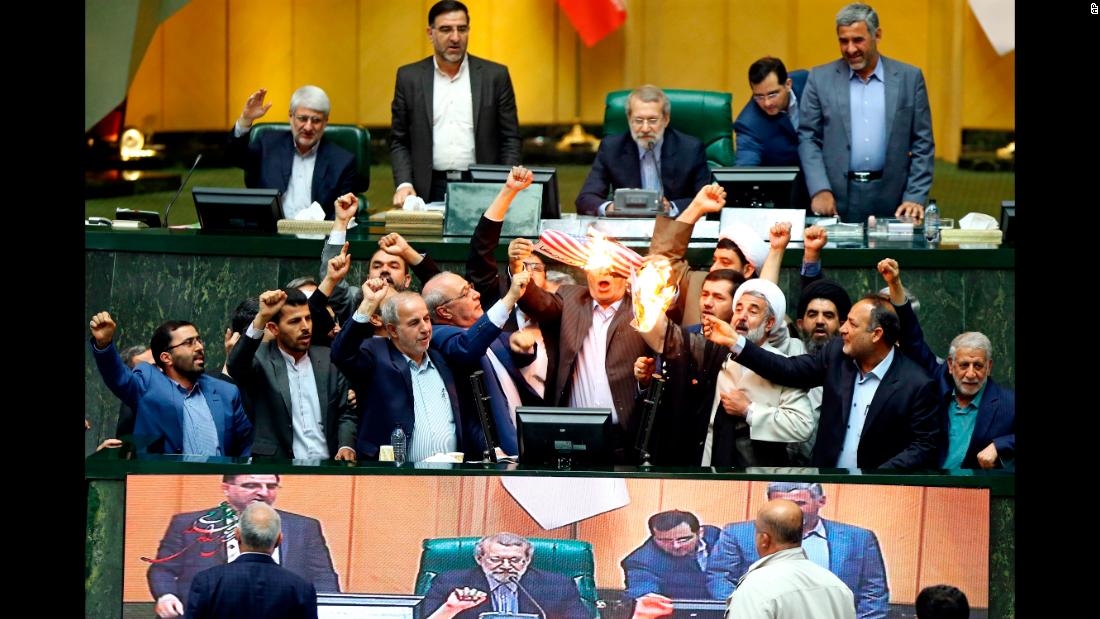 Hardline Iranian lawmakers &lt;a href=&quot;https://www.cnn.com/2018/05/09/middleeast/iran-reacts-nuclear-deal-intl/index.html&quot; target=&quot;_blank&quot;&gt;burn two pieces of papers in parliament&lt;/a&gt; on Wednesday, May 9, after US President Donald Trump &lt;a href=&quot;https://www.cnn.com/2018/05/08/politics/donald-trump-iran-deal-announcement-decision/index.html&quot; target=&quot;_blank&quot;&gt;withdrew from a nuclear deal&lt;/a&gt; and restored sanctions against Iran. The two papers represented the US flag and the nuclear deal, and the lawmakers chanted &quot;death to America.&quot;