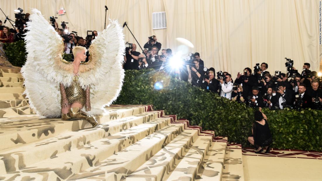 Singer Katy Perry wears angel wings as she attends the Met Gala in New York on Monday, May 7. The annual event raises money for the Metropolitan Museum of Art&#39;s Costume Institute. This year&#39;s theme was &quot;Heavenly Bodies: Fashion and the Catholic Imagination.&quot; &lt;a href=&quot;https://www.cnn.com/style/article/met-gala-red-carpet-2018/index.html&quot; target=&quot;_blank&quot;&gt;See more photos of celebrities on the red carpet&lt;/a&gt;