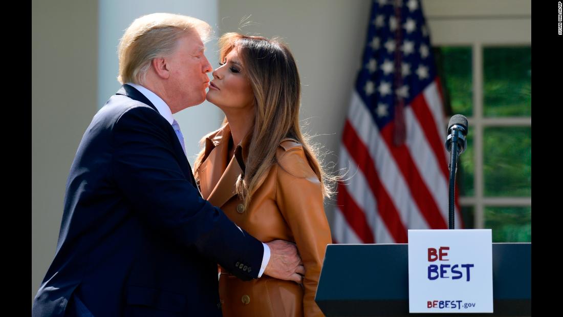 US President Donald Trump kisses his wife, Melania, after she announced her &lt;a href=&quot;https://www.cnn.com/2018/05/07/politics/melania-trump-unveils-platform-be-best/index.html&quot; target=&quot;_blank&quot;&gt;&quot;Be Best&quot; platform&lt;/a&gt; on Monday, May 7. The comprehensive program will focus on three main points -- well-being, opioid abuse and positivity on social media -- and it is the culmination of various public events, all of which centered on helping children.