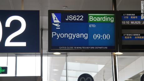 A departure screen shows &quot;Pyongyang&quot; as the journalists&#39; destination, but they ended up flying to Wonsan. 