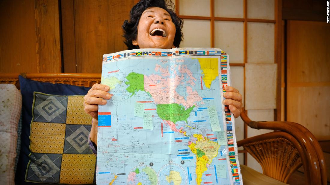 Natsuko Maenaka, 84, wants to stay mentally healthy. She likes to find new countries on the map and remember where they are. 