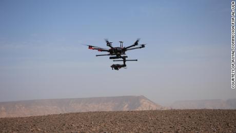 A drone takes photos of Al-Ula&#39;s archaeological sites.