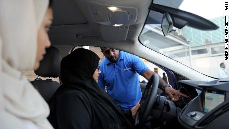 A Saudi woman has a driving lesson in Jeddah on March 7.