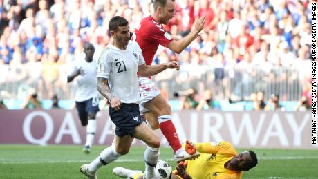 Denmark's Christian Eriksen was thwarted by scoring in goal against France.   