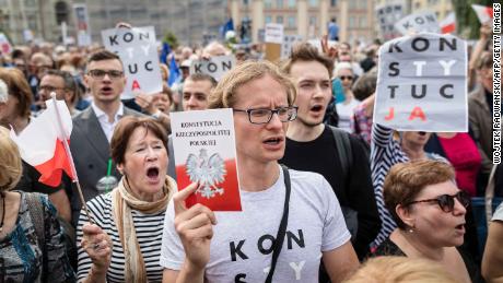 Hundreds of supporters gather at Poland&#39;s Supreme Court building in July after Gersdorf refuses to step down.