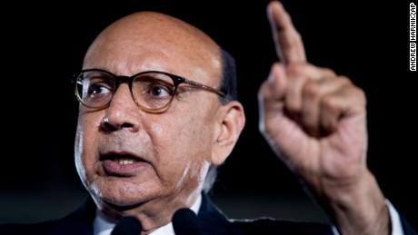 Khizr Khan, the father of fallen Army Capt. Humayun Khan, addresses a rally for Hillary Clinton in Manchester, New Hampshire, shortly before the 2016 presidential election. (AP Photo/Andrew Harnik/File)