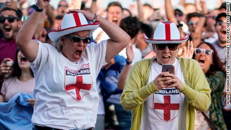 England fans celebrate their team&#39;s first goal in the city of Brighton.