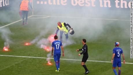   Flares pitched on the pitch in a Group D match between Croatia and the Czech Republic at Euro 2016. 