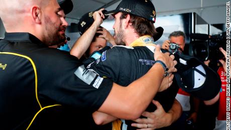 Jean-Eric Vergne celebrates with his Techeetah team after clinching the Formula E title in New York.