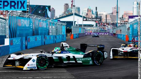 Race winner Lucas di Grassi leads his Audi Sport teammate Daniel Abt on their way to a one-two in the first New York round of the Formula E championship.