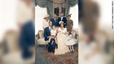   The Duke and Duchess of Cambridge with members of the royal family in the morning room at Clarence House, following the baptism of Prince Louis. 