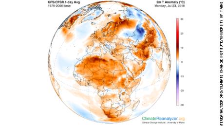 Temperatures compared to normal, with red/orange showing temperatures well above average for much of the Northern Hemisphere.