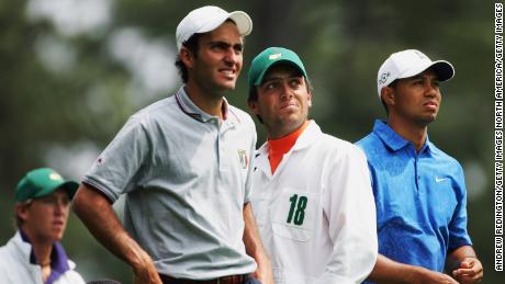   Tiger Woods and amateur Edoardo Molinari on the fourth tee during the second round of The Masters, 2006. 