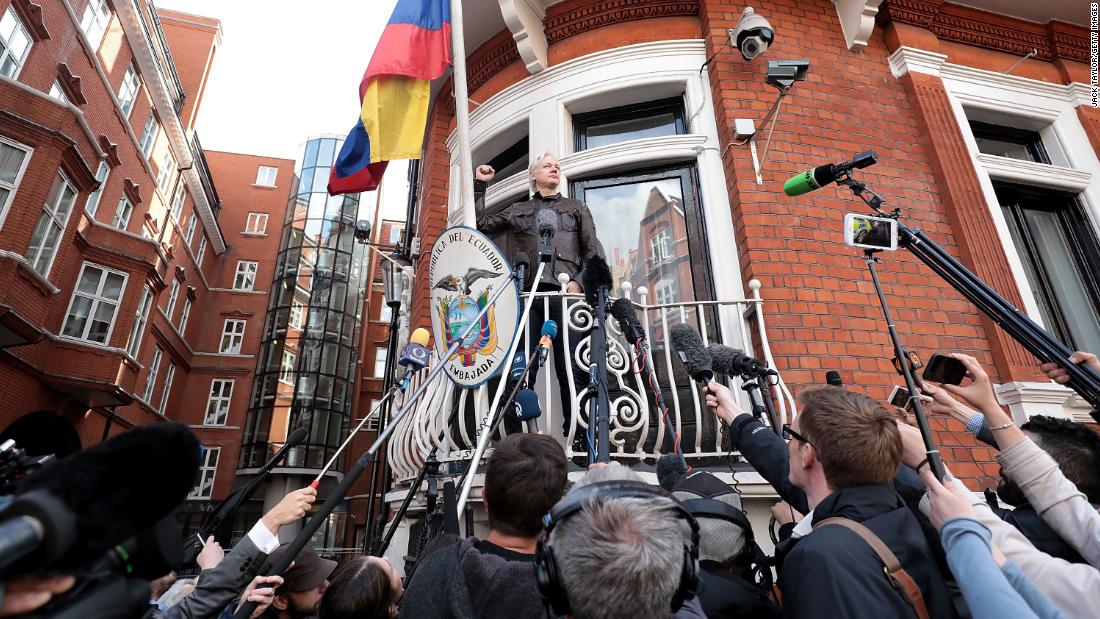 Assange speaks to the media in May 2017, after Swedish prosecutors had dropped their investigation of rape allegations against Assange. But Assange acknowledged he was unlikely to walk out of the embassy any time soon. &quot;The UK has said it will arrest me regardless,&quot; he said. &quot;The US CIA Director (Mike) Pompeo and the US attorney general have said that I and other WikiLeaks staff have no ... First Amendment rights, that my arrest and the arrest (of) my other staff is a priority. That is not acceptable.&quot;