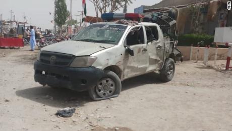   A damaged police vehicle is seen after an apparent militant attack in Baluchistan, Pakistan. 
