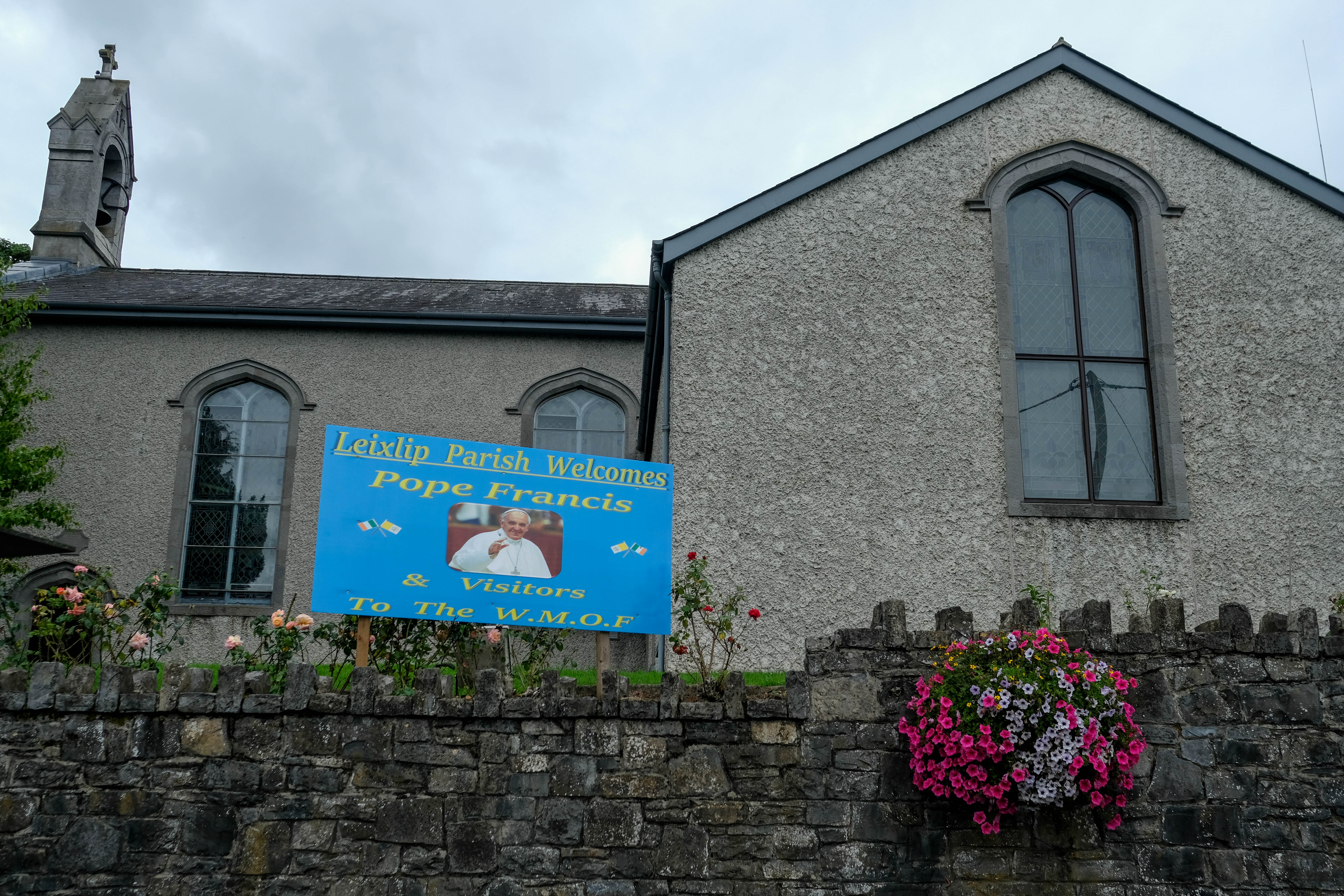 A sign in the Nativity of the Blessed Virgin Mary in Leixlip that was placed before Pope Francis & # 39; visit this weekend.
