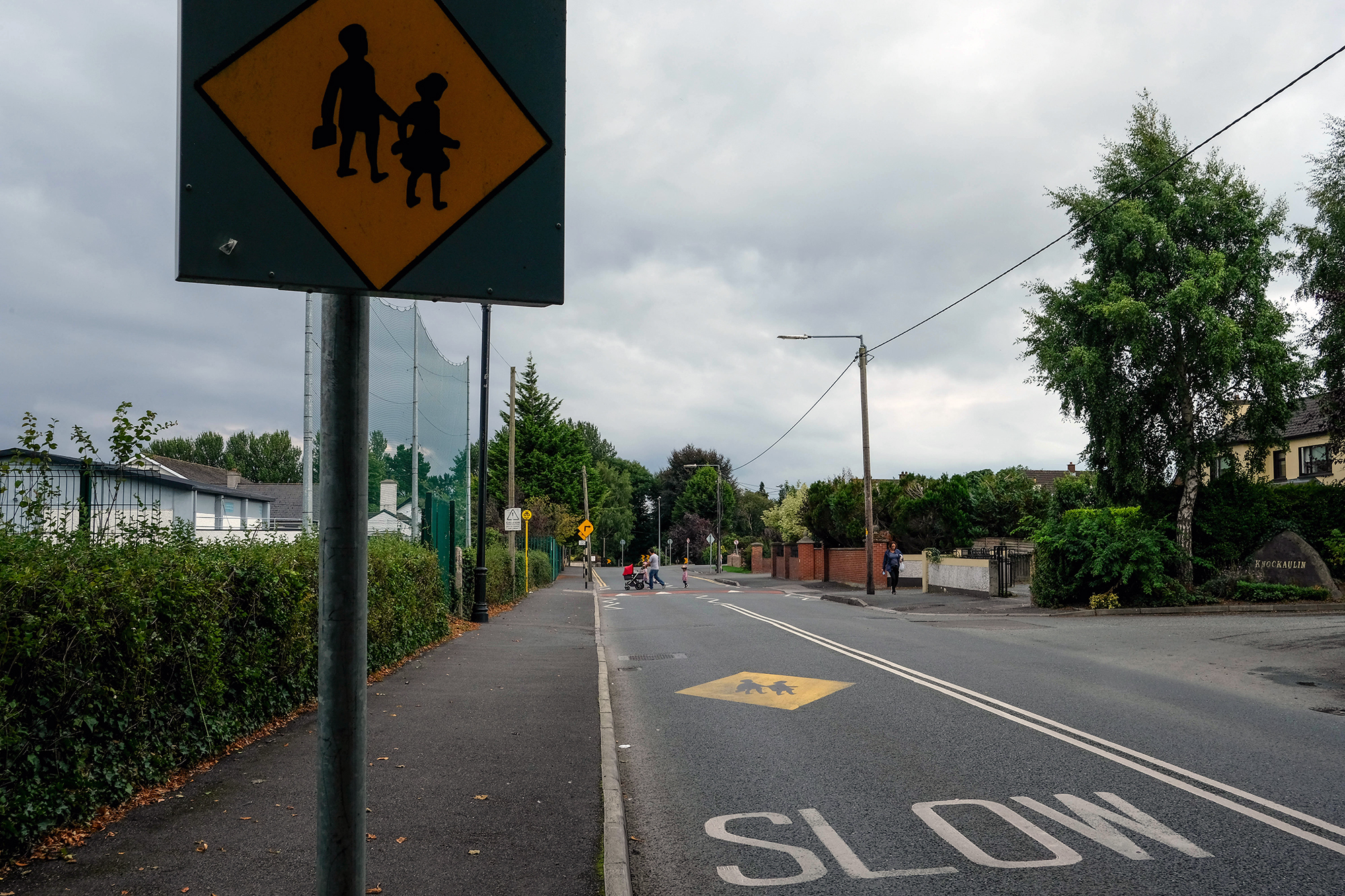 Traffic signs mark a school zone in Leixlip.
