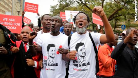 Activists and civil society groups marched to the Ugandan embassy in Nairobi, Kenya, on August 23 to protest against Wine&#39;s detention.
