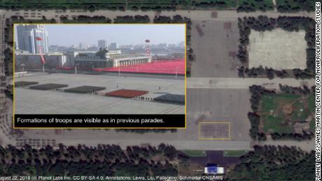 A satellite image provided by Planet Labs and analyzed by the James Martin Center for Nonproliferation Studies that appears to show practice sessions for the upcoming parade.