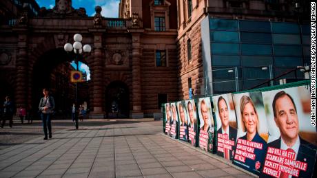 Posters of Social Democratic candidates and Swedish Prime Minister Stefan Loefven in Stockholm.