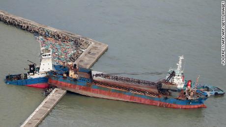 A ship collided with a breakwater due to strong winds from Typhoon Jebi in Nishinomiya City, Hyogo Prefecture, on September 5, 2018. 