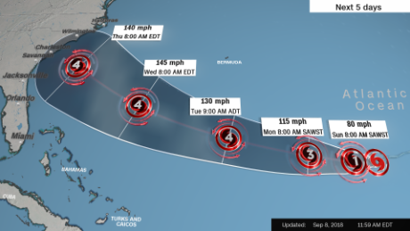 A forecast cone, created on Saturday noon, shows the likely range of the center of Florence for five days.