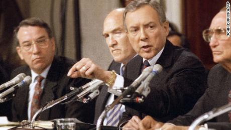 Senator Orrin Hatch, R-Utah, interviews Professor Anita Hill on Friday, October 11, 1991 in Washington at a hearing of the Senate Judiciary Committee on the appointment of Clarence Thomas to the Supreme Court. Senator Alan Simpson, R-Wyo., Look. (AP Photo / John Duricka)