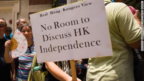 A member of the pro-government group, Real Hong Kong, View & # 39; holds a sign that reads 