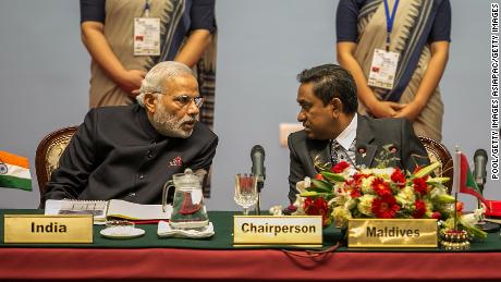 Indian Prime Minister Narendra Modi addresses Maldivian President Abdulla Yameen at the inaugural meeting of the 18th SAARC Summit on November 26, 2014.