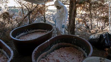 An expert from the Mexican army stands near containers containing meth-methamphetamine paste in a clandestine laboratory in the state of Baja California, Mexico. 