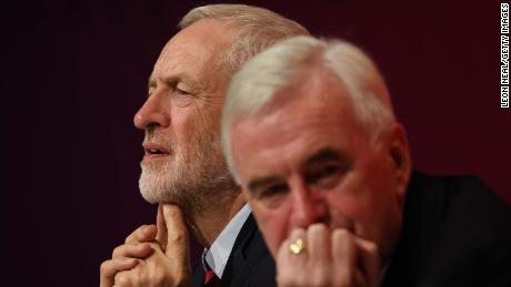 Jeremy Corbyn (L) sits with Shadow Chancellor John McDonnell following McDonnell&#39;s speech at the Labour party conference on Monday.