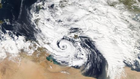 A hurricane-like storm in the Mediterranean Sea, known as a &#39;Medicane,&#39; spins near the island of Sicily on November 7th, 2014. 