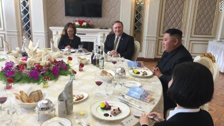 US Secretary of State Mike Pompeo, center, dines with North Korea&#39;s Kim Jong Un after their meeting Sunday.