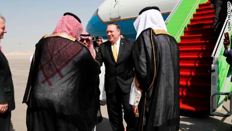 Saudi Foreign Minister Adel al-Jubeir, left, meets US Secretary of State Mike Pompeo on Tuesday in Riyadh.