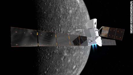 Artist&#39;s impression of the BepiColombo spacecraft in cruise configuration, with Mercury in the background. On its 7.2 year journey to the innermost planet, BepiColombo will fly by Earth once, Venus twice and Mercury six times before entering into orbit.
The Mercury Transfer Module is shown with ion thrusters firing, and with its solar wings extended, spanning about 30 m from tip-to-tip. The 7.5 m-long solar array of the Mercury Planetary Orbiter in the middle is seen extending to the top. The Mercury Magnetospheric Orbiter is hidden inside the sunshield in this orientation. 
BepiColombo is a joint endeavour between ESA and the Japan Aerospace Exploration Agency, JAXA. 
The view of Mercury is based on imagery from NASA&#39;s Mariner 10 mission.
