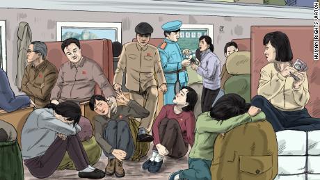 Public servants and male traders sit in a railway car, while a railway agent checks the merchant's ticket. The report alleges that in railroad cars, women are often harassed by government officials and railroad agents.