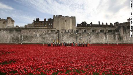 An art installation of ceramic poppies surrounds the Tower of London to mark the centenary of the start of World War I in 2014. 