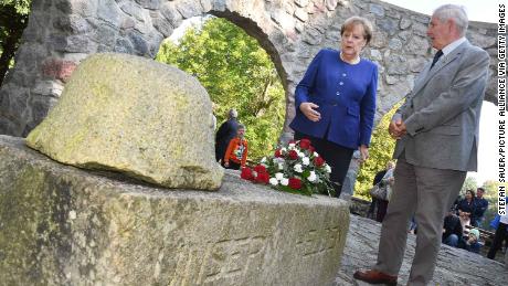 German Chancellor Angela Merkel at a memorial for fallen soldiers of World War I, in Putbus, Germany, 2017.