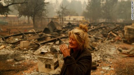Cathy Fallon mourns the loss of her home in Paradise, California. She stayed on her property to protect her 14 horses, all of which survived.