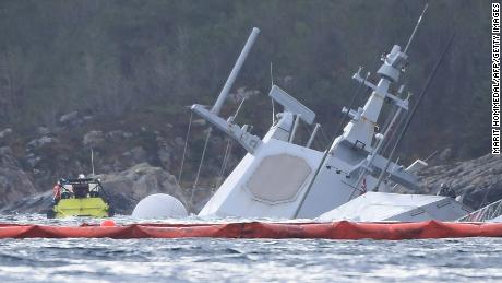 The KNM Helge Ingstad photographed on November 10, 2018 in the Hjeltefjord near Bergen. The frigate, who was returning from NATO Trident Juncture exercises, was evacuated after the collision with Sola tanker TS, announced the Norwegian Army.