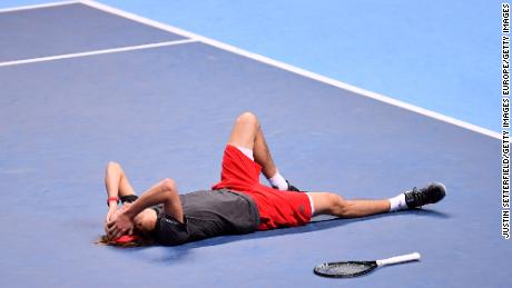 Alexander Zverev reacts with joy after beating Novak Djokovic at the ATP Finals.