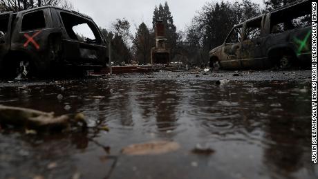 The rain falls earlier this week on a house destroyed by the campfire in Paradise, California. 