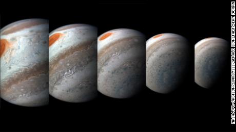 A nice tropical concern has just gone over the Great Spot Spot Jupiter & # 39; and it appears in its orange logo in this series of textiles; enhanced colors by NASA.