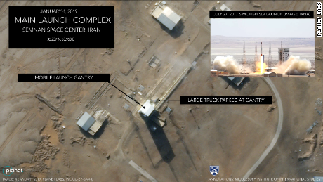 An image taken on January 4 shows a large truck parked at the mobile launch gantry of the Iranian spaceport. 