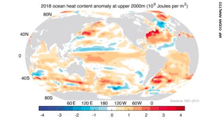 Oceanic heat content (OHC) in the 2000 m higher altitude in 2018.