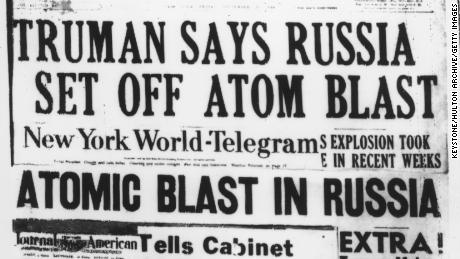 A selection of US newspaper headlines on President Truman&#39;s announcement that Soviet Union had conducted its first nuclear weapon test, September 24, 1949.