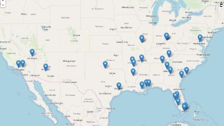 This FBI map shows the locations where Samuel Little killed young women, according to his confessions.