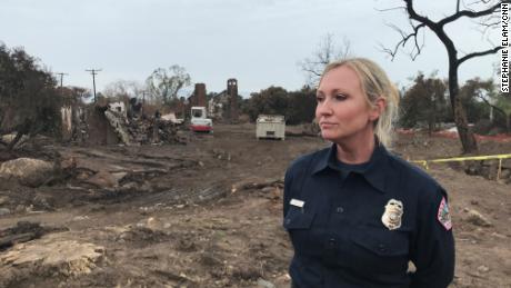 Montecito Fire Department supervisor Maeve Juarez in front of the devastation left behind by the January 9, 2018 mudslide. 