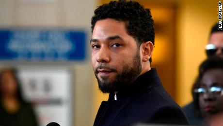 Jussie Smollett speaks to the media before leaving Cook County Court after his charges are dropped.
